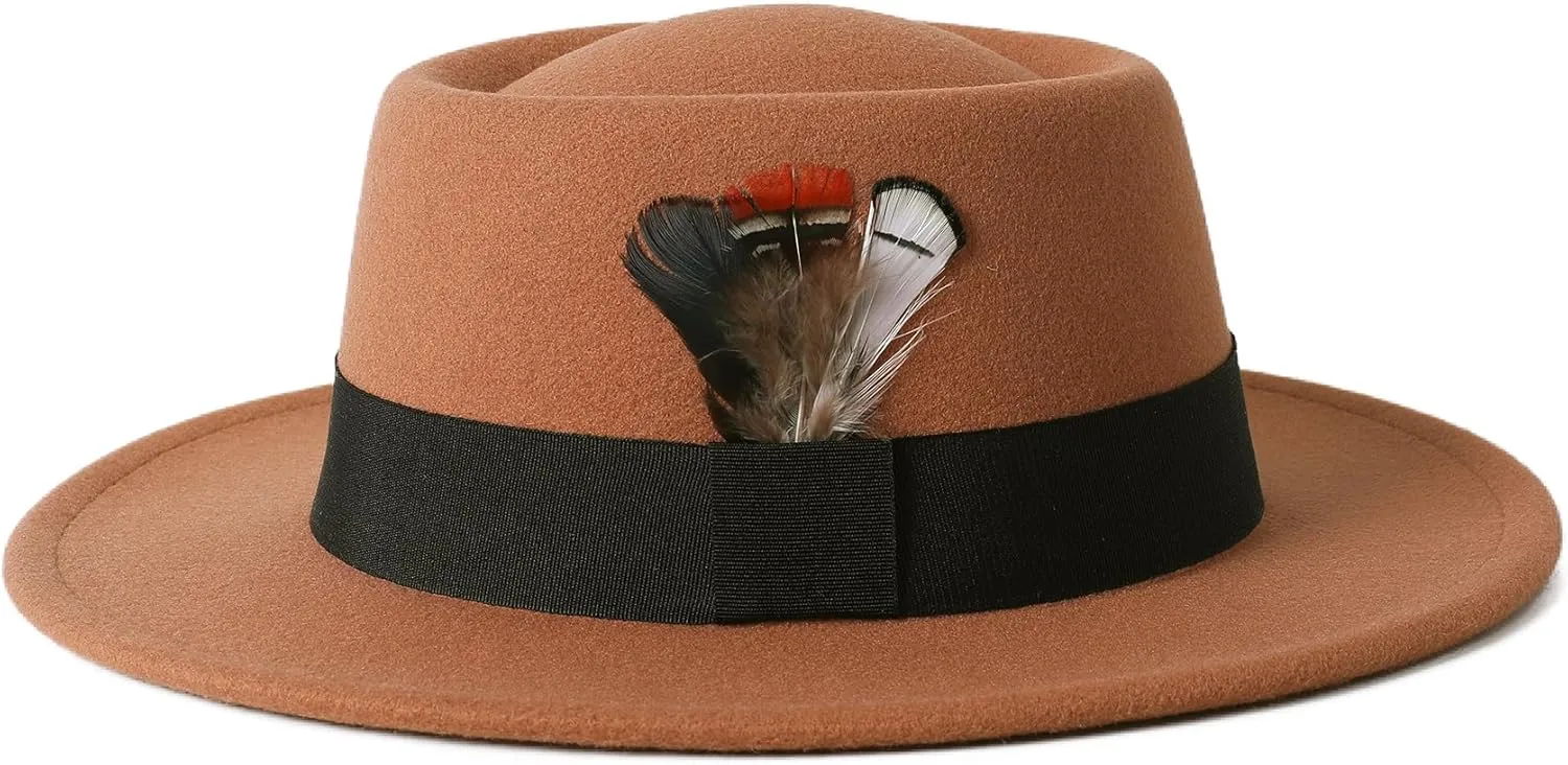 Lanzom Classic Fedora Hats for Women Flat Top Hat for Men Pork Pie Hat Wide Brim Church Boater Trilby Cap