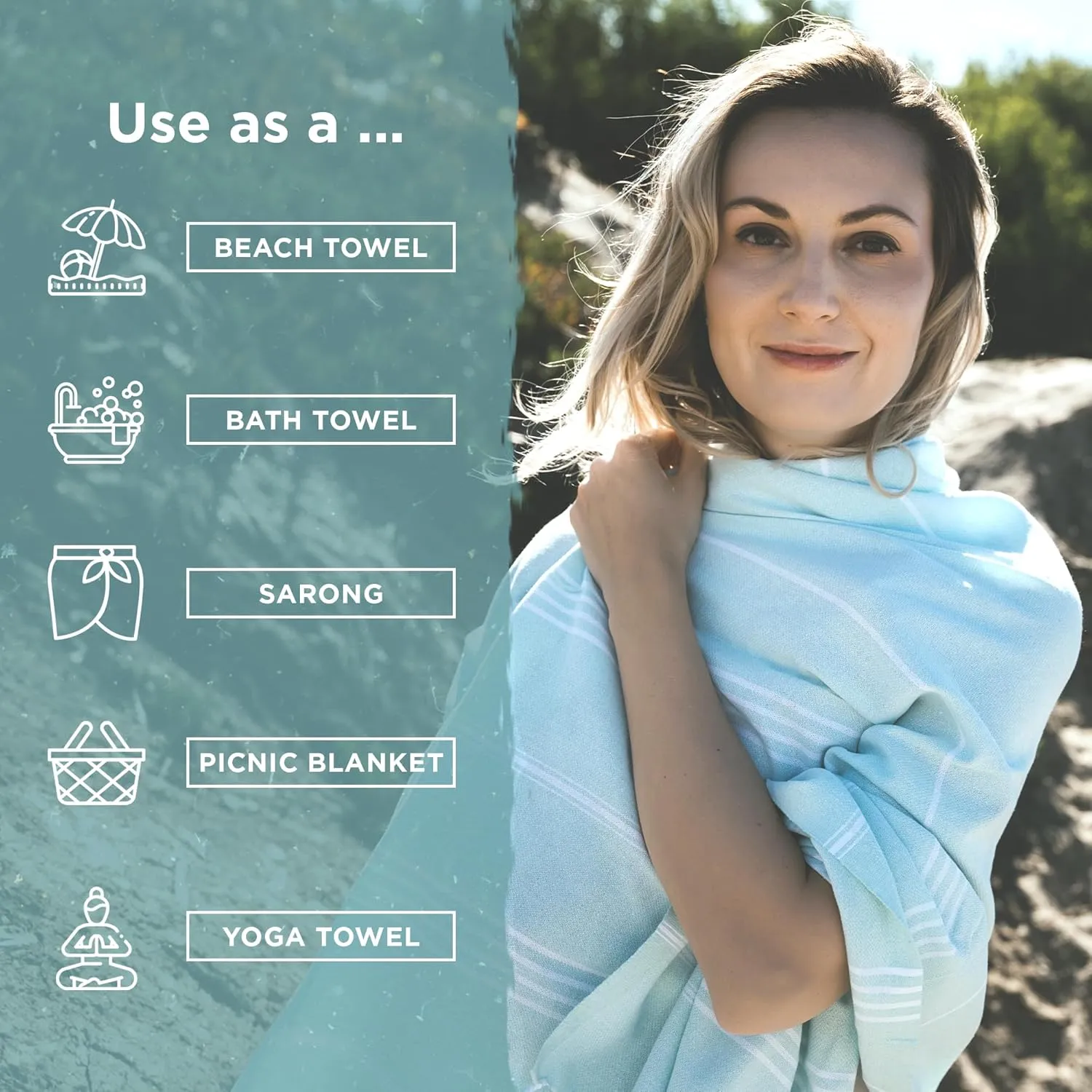 Large Turkish Beach Towel, Classic Mint - Super Soft & Lightweight Quick Dry Absorbent Towels for Beach, Picnic Blanket or Bath Towel - Sand Free Organic Turkish Cotton Yarn