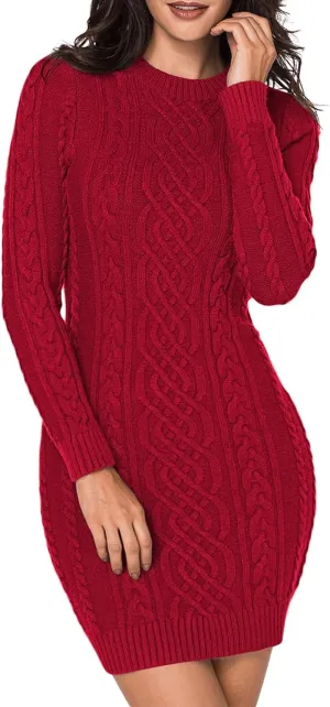 LaSuiveur Women's Bodycon Pullover Mini Sweater Dresses Crew Neck Cable Knit Cocktail Party Dress