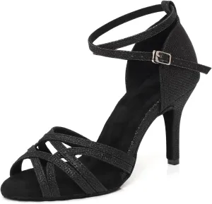 Latin Ballroom Dance Shoes for Women Salsa Dance Heels Suede Sole Open Toe Bachata Parties Wedding Performance Professional 3 1/3 inch Dancing Heels