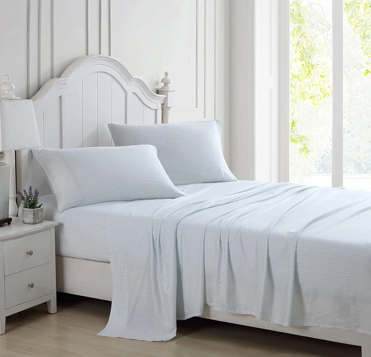 Laura Ashley Home - Queen Sheets, Soft Sateen Cotton Bedding Set - Sleek, Smooth, & Breathable Home Decor, Ramona Blue