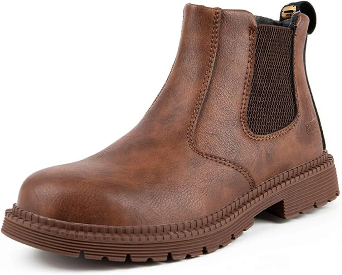 Letuwj Men's Steel Toe Work Boots Slip On Breathable Quick Dry Safety Leather Indestructible Work Safety Shoes