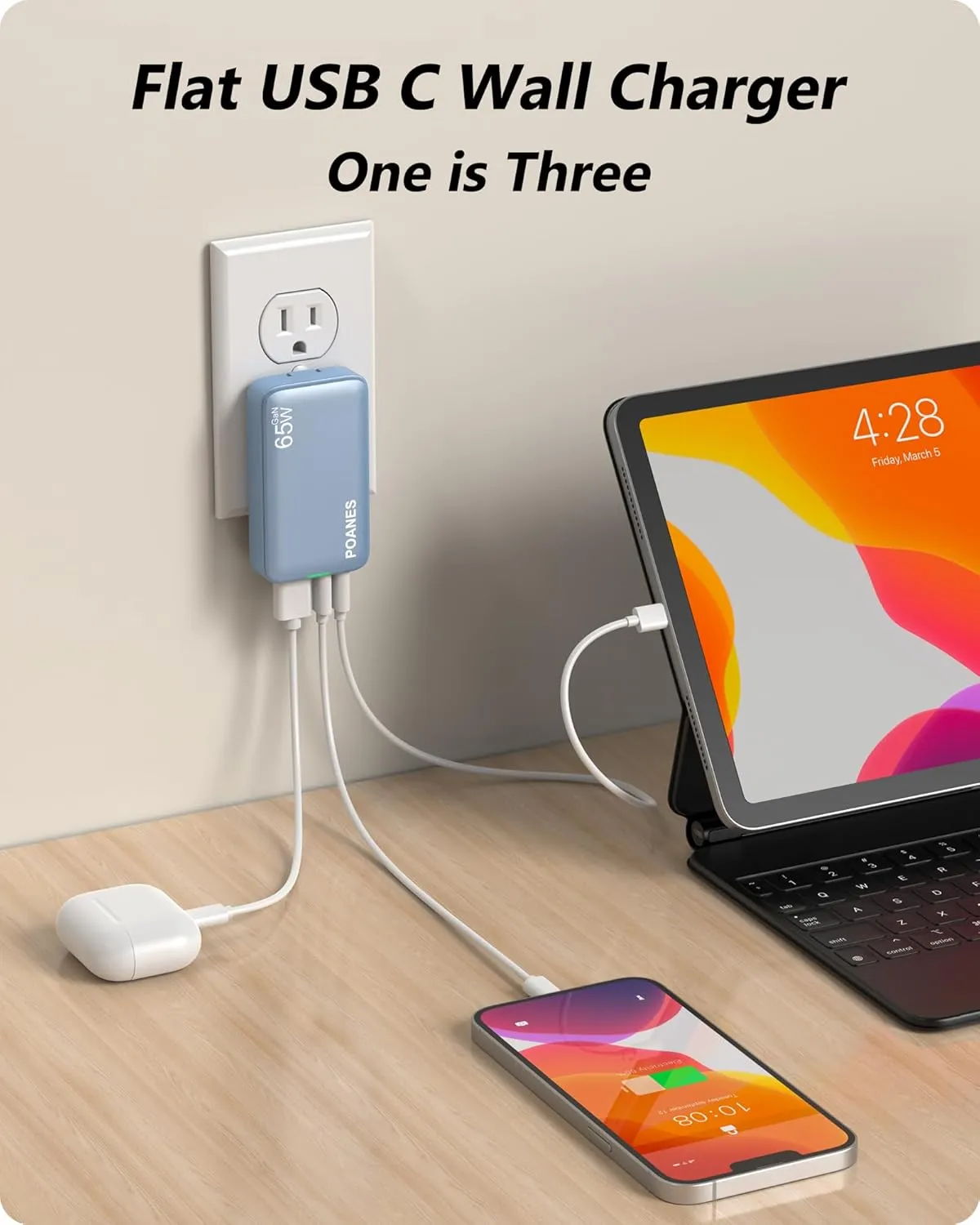 Light Blue 65W GaN USB C & A 3-Port Slim PD3.0&PPS Foldable Travel Charger for MacBook, Laptops, Tablets, iPhone 15, Samsung