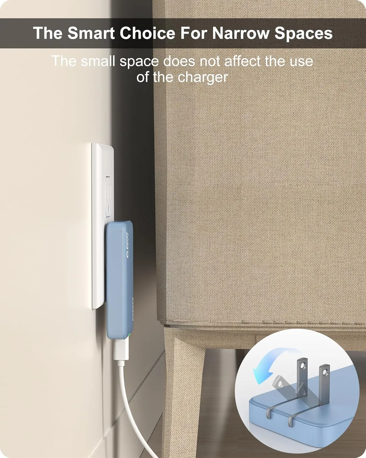 Light Blue 65W GaN USB C & A 3-Port Slim PD3.0&PPS Foldable Travel Charger for MacBook, Laptops, Tablets, iPhone 15, Samsung