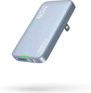 Light Blue 65W GaN USB C & A 3-Port Slim PD3.0&PPS Foldable Travel Charger for MacBook, Laptops, Tablets, iPhone 15, Samsung