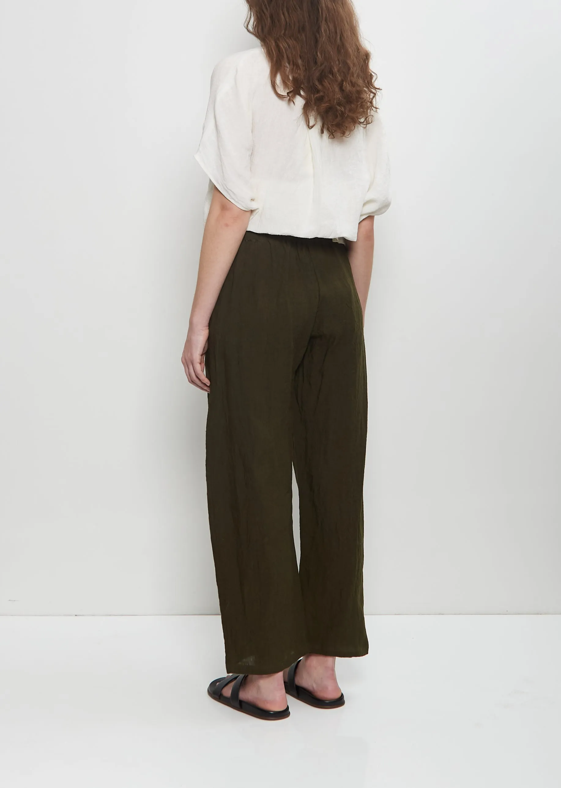 Linen Wide Pull On Pant — Khaki Green