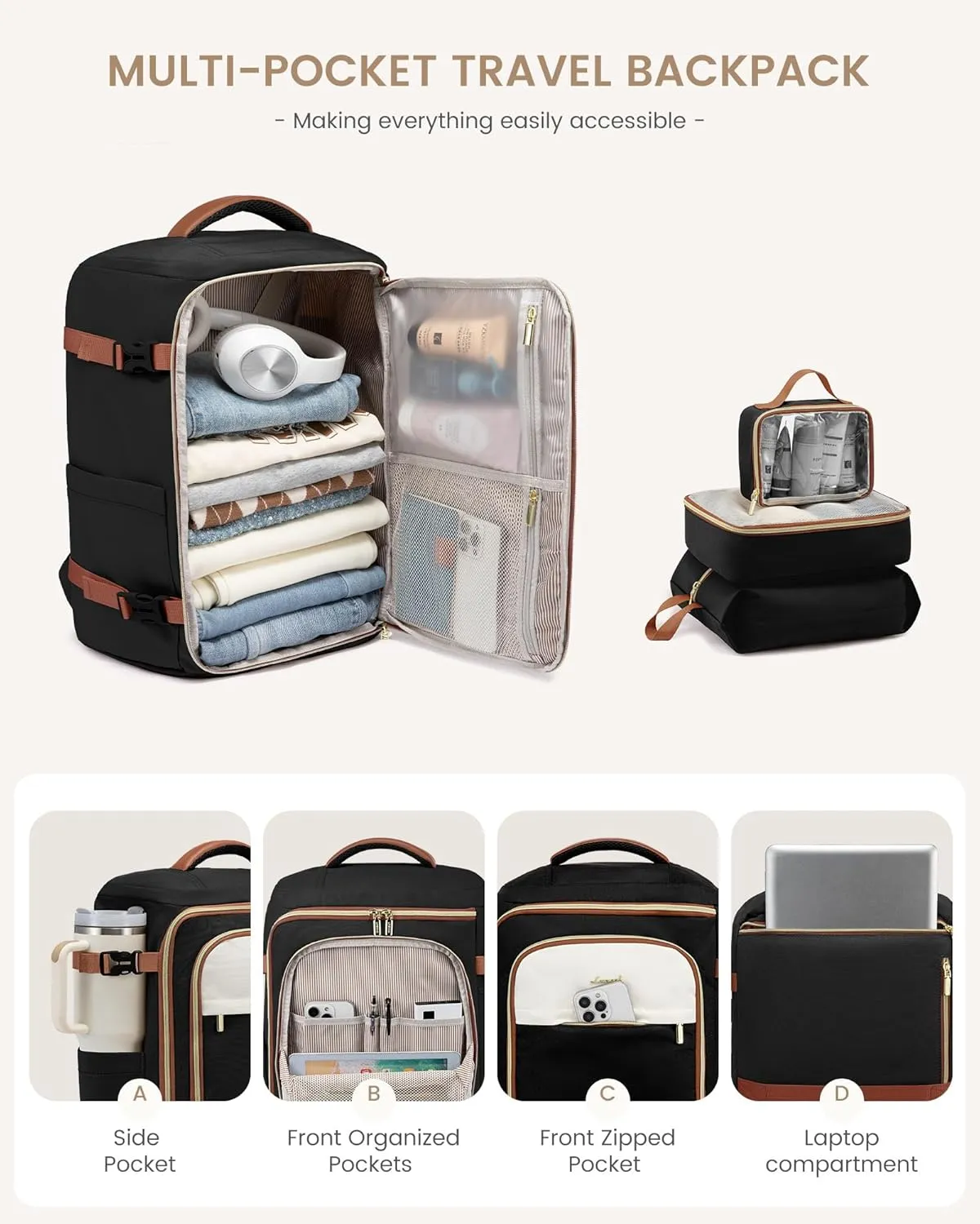 LOVEVOOK 40L Travel Backpack for Women, TSA Approved Carry On Backpack with 3 Packing Cubes, Personal Item Bag Fits 17" Laptop, Water-resistant Travel Carry On Bag for Women