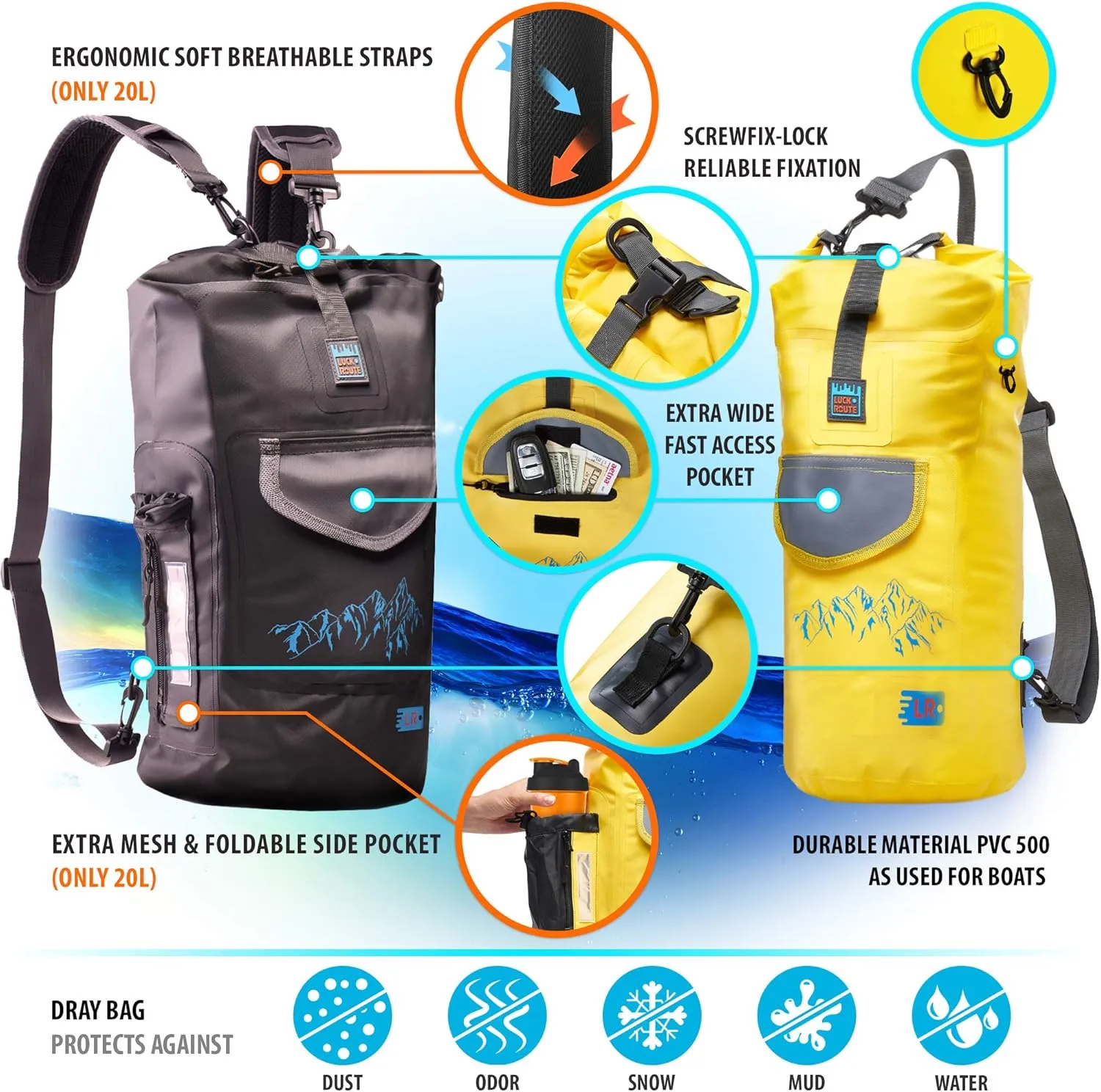 Luck route Dry Bag - Waterproof Backpack for Kayaking, Boating and Fishing - Quick-Access Outer Pocket & 500D Tear Resistance PVC