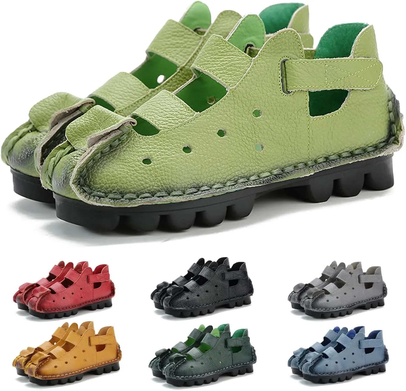 Lymphvity Women'S Hand-Stitching Leather Vintage Cutout Flat Sandals,Fashion Non-Slip Soft Bottom Breathable Comfort Adjustable Walking Ethnic Style Loafers