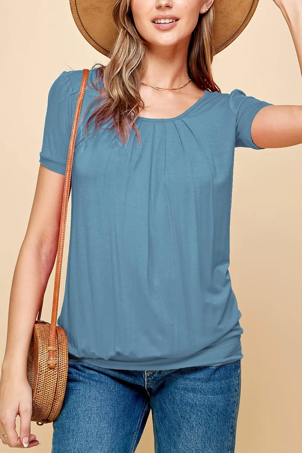 Made By Johnny Women's Scoop Neck Short Sleeve Pleated Front Blouse Tunic Top Plus Size