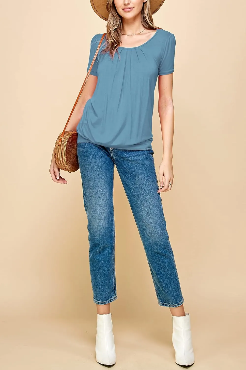 Made By Johnny Women's Scoop Neck Short Sleeve Pleated Front Blouse Tunic Top Plus Size