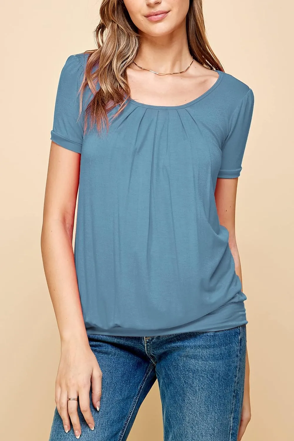 Made By Johnny Women's Scoop Neck Short Sleeve Pleated Front Blouse Tunic Top Plus Size