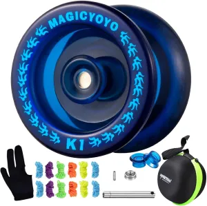 MAGICYOYO Responsive Yoyo K1 Tug Return Yo yo, Hubstacks Yo-yo for Kids Beginners Dual Purpose Yo Yo with Unresponsive Bearing, Storage Bag   12 Yoyo Strings  Yo-Yo Glove  2 Yo yo Hubstacks (Blue)