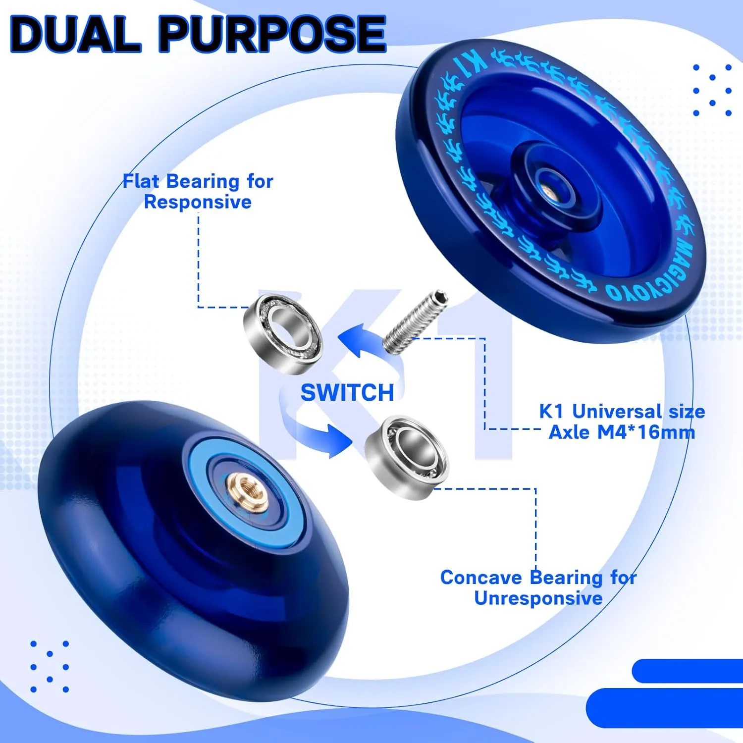MAGICYOYO Responsive Yoyo K1 Tug Return Yo yo, Hubstacks Yo-yo for Kids Beginners Dual Purpose Yo Yo with Unresponsive Bearing, Storage Bag   12 Yoyo Strings  Yo-Yo Glove  2 Yo yo Hubstacks (Blue)
