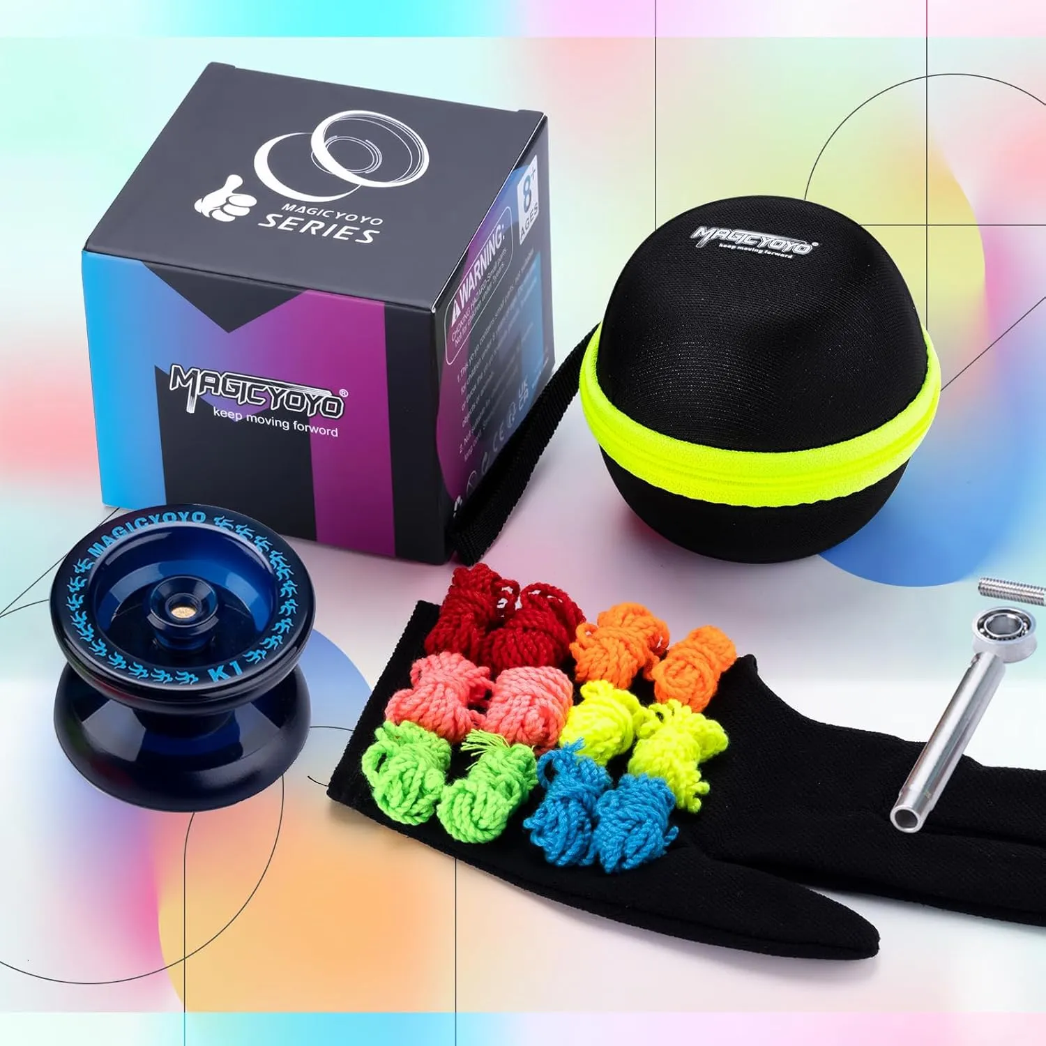 MAGICYOYO Responsive Yoyo K1 Tug Return Yo yo, Hubstacks Yo-yo for Kids Beginners Dual Purpose Yo Yo with Unresponsive Bearing, Storage Bag   12 Yoyo Strings  Yo-Yo Glove  2 Yo yo Hubstacks (Blue)
