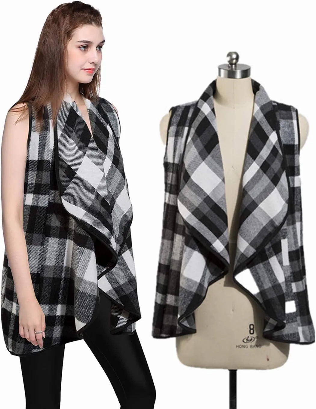 Mannice Womens Buffalo Plaid Sleeveless Cardigans Lapel Open Front Plaid Vest Jacket Coat with Pockets