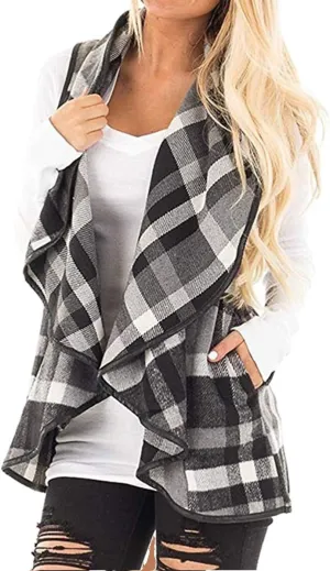 Mannice Womens Buffalo Plaid Sleeveless Cardigans Lapel Open Front Plaid Vest Jacket Coat with Pockets