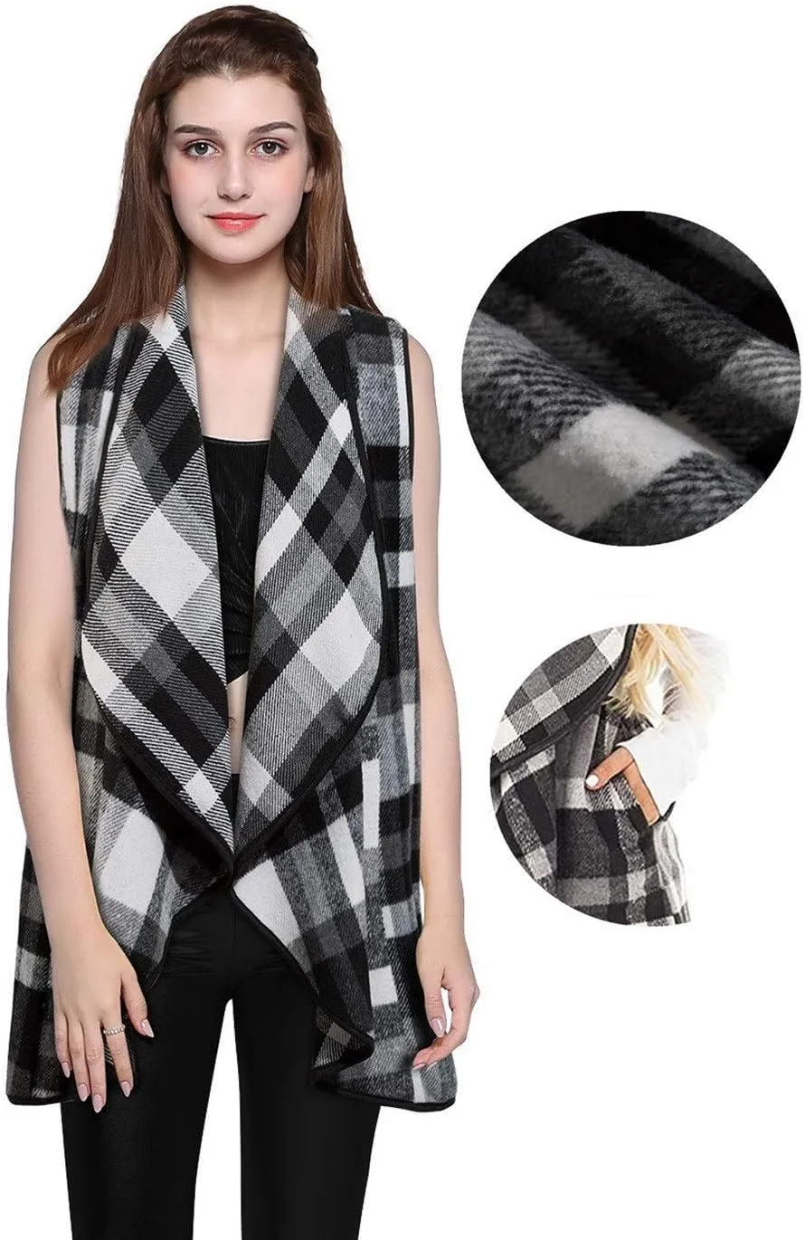 Mannice Womens Buffalo Plaid Sleeveless Cardigans Lapel Open Front Plaid Vest Jacket Coat with Pockets