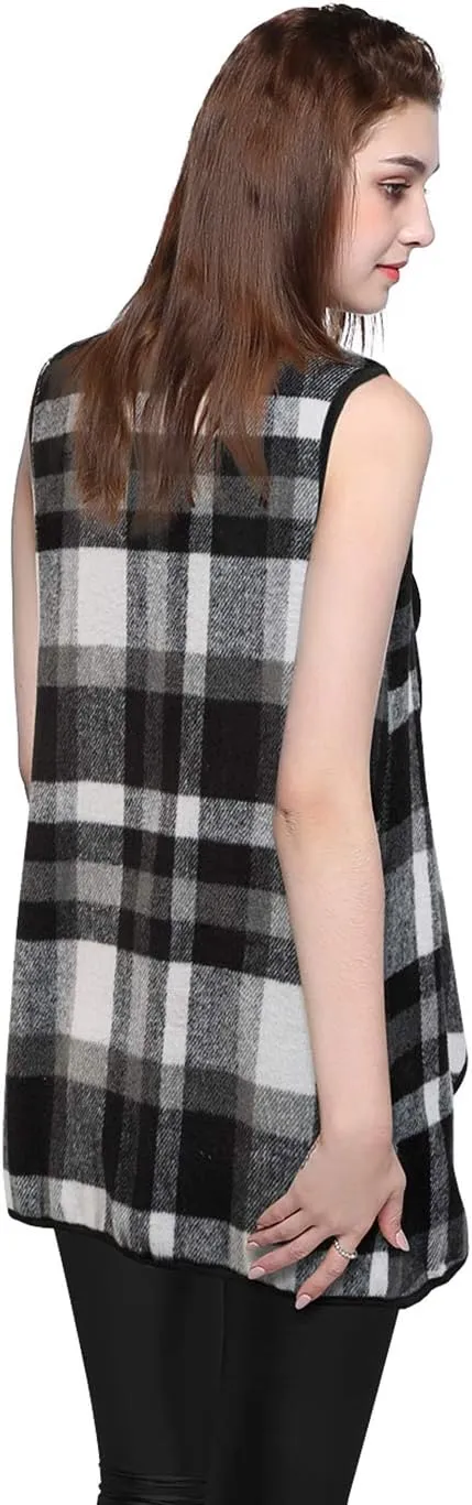 Mannice Womens Buffalo Plaid Sleeveless Cardigans Lapel Open Front Plaid Vest Jacket Coat with Pockets