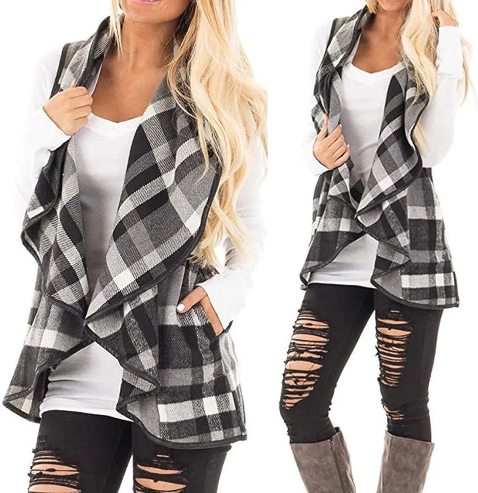Mannice Womens Buffalo Plaid Sleeveless Cardigans Lapel Open Front Plaid Vest Jacket Coat with Pockets