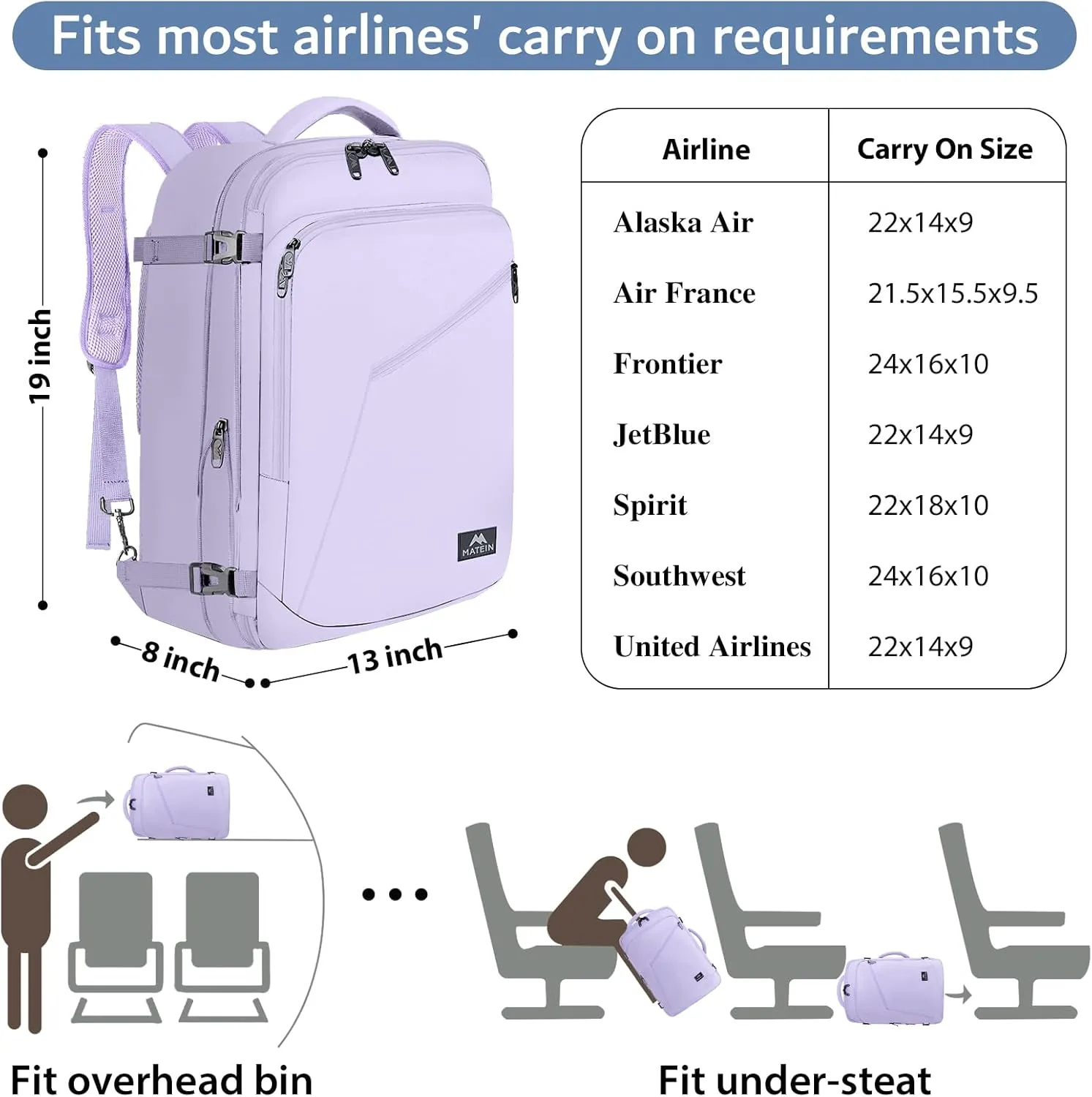 MATEIN Carry on Backpack for Women, 40L Heavy Duty Travel Backpack Airplane Approved, Expandable Simple Fashion Daypack, Frequent Traveler Gifts, Light Purple