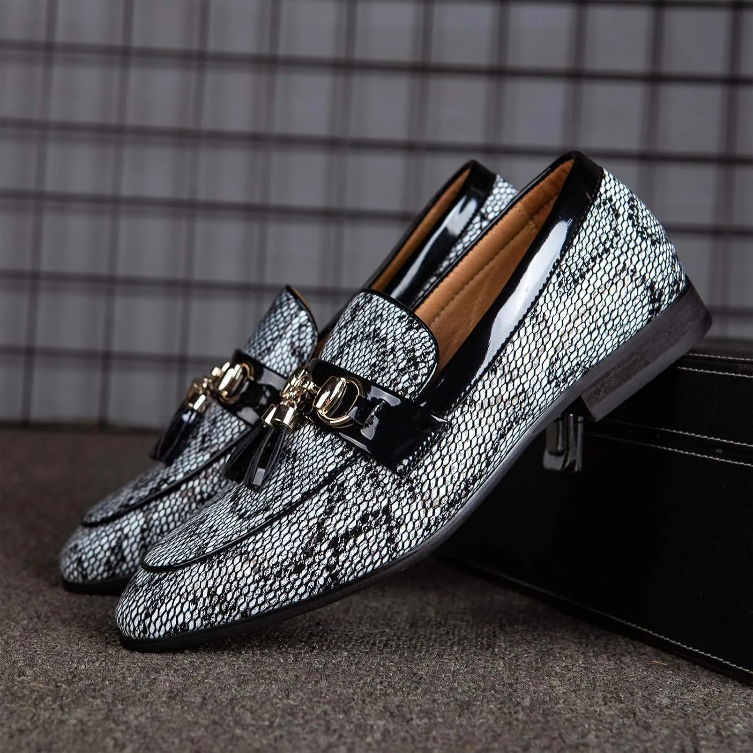 Meijiana Men Faux Leather Noble Loafer Shoes Slip-on Loafer Smoking Slipper Tassel Loafer