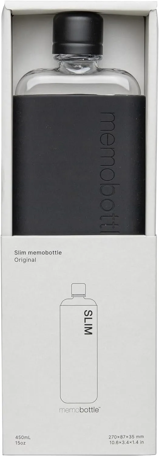 memobottle SLIM (Black Ink) Bundle - 15oz (450ml) - Bottle, silicone sleeve & lid | Sleek, Slim & Flat Water Bottle for Bags & Laptops | BPA Free Tritan | Modern, Minimalist | Ideal for Daily Use