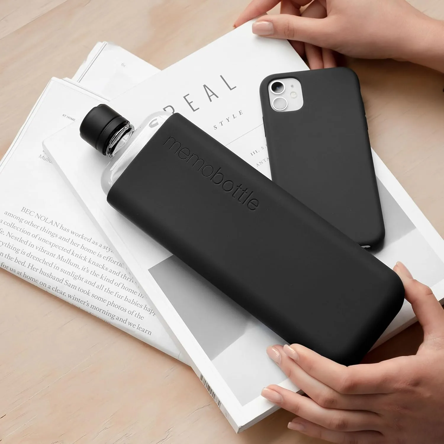 memobottle SLIM (Black Ink) Bundle - 15oz (450ml) - Bottle, silicone sleeve & lid | Sleek, Slim & Flat Water Bottle for Bags & Laptops | BPA Free Tritan | Modern, Minimalist | Ideal for Daily Use