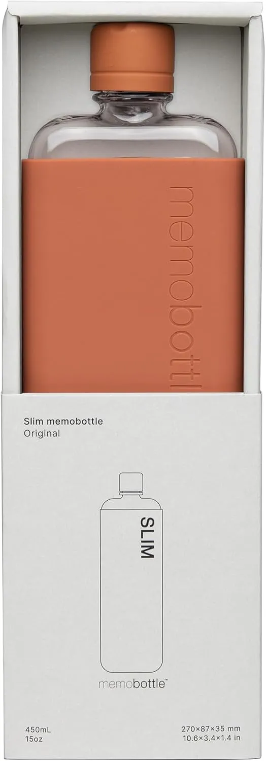 memobottle SLIM (Terracotta) Bundle - 15oz (450ml) - Bottle, silicone sleeve & lid | Sleek, Slim & Flat Water Bottle for Bags, Laptops | BPA Free Tritan | Ideal for Gym| Modern, Minimalist