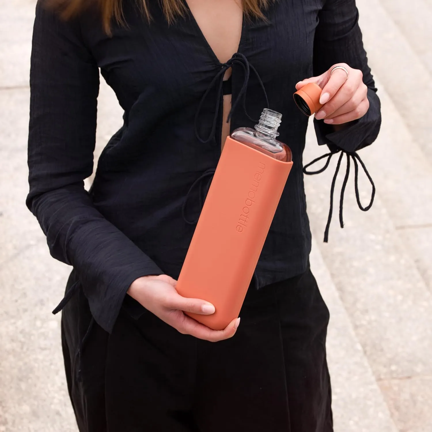 memobottle SLIM (Terracotta) Bundle - 15oz (450ml) - Bottle, silicone sleeve & lid | Sleek, Slim & Flat Water Bottle for Bags, Laptops | BPA Free Tritan | Ideal for Gym| Modern, Minimalist