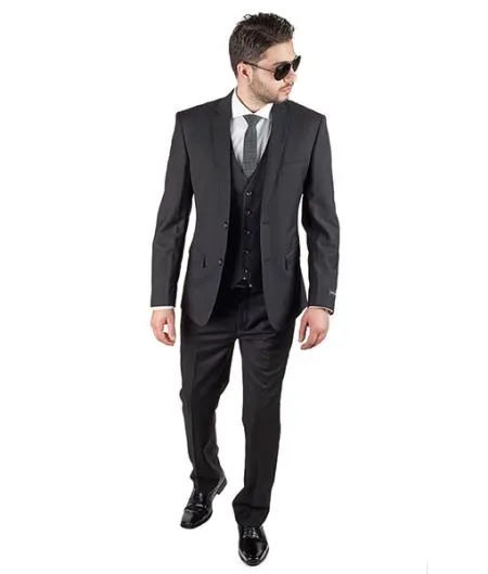 Men 3 Piece Slim Fit Double Vested  Black Suit