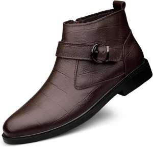 Men's Chelsea Ankle Boots Lattice With Buckle Side Zip Cowhide Leather Anti-slip Waterproof Non Work Dress Slip On
