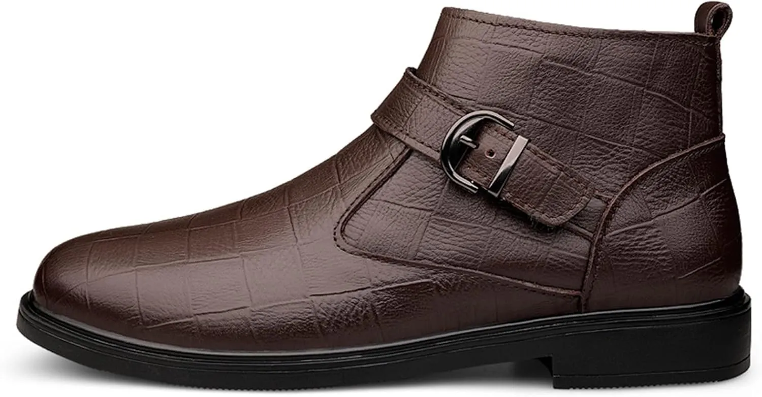 Men's Chelsea Ankle Boots Lattice With Buckle Side Zip Cowhide Leather Anti-slip Waterproof Non Work Dress Slip On