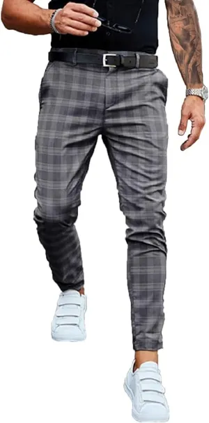 Men's Dress Pants Plaid Skinny Slim Fit Dress Pants Stretch Regular Fit Business Casual Fashion Golf Pencil Chinos Pants