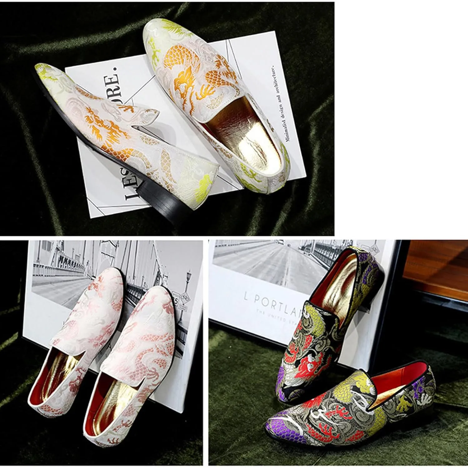 Men's Floral Satin Slip-On Dress Shoes - Wedding & Party Formal Shoes with Shine Details
