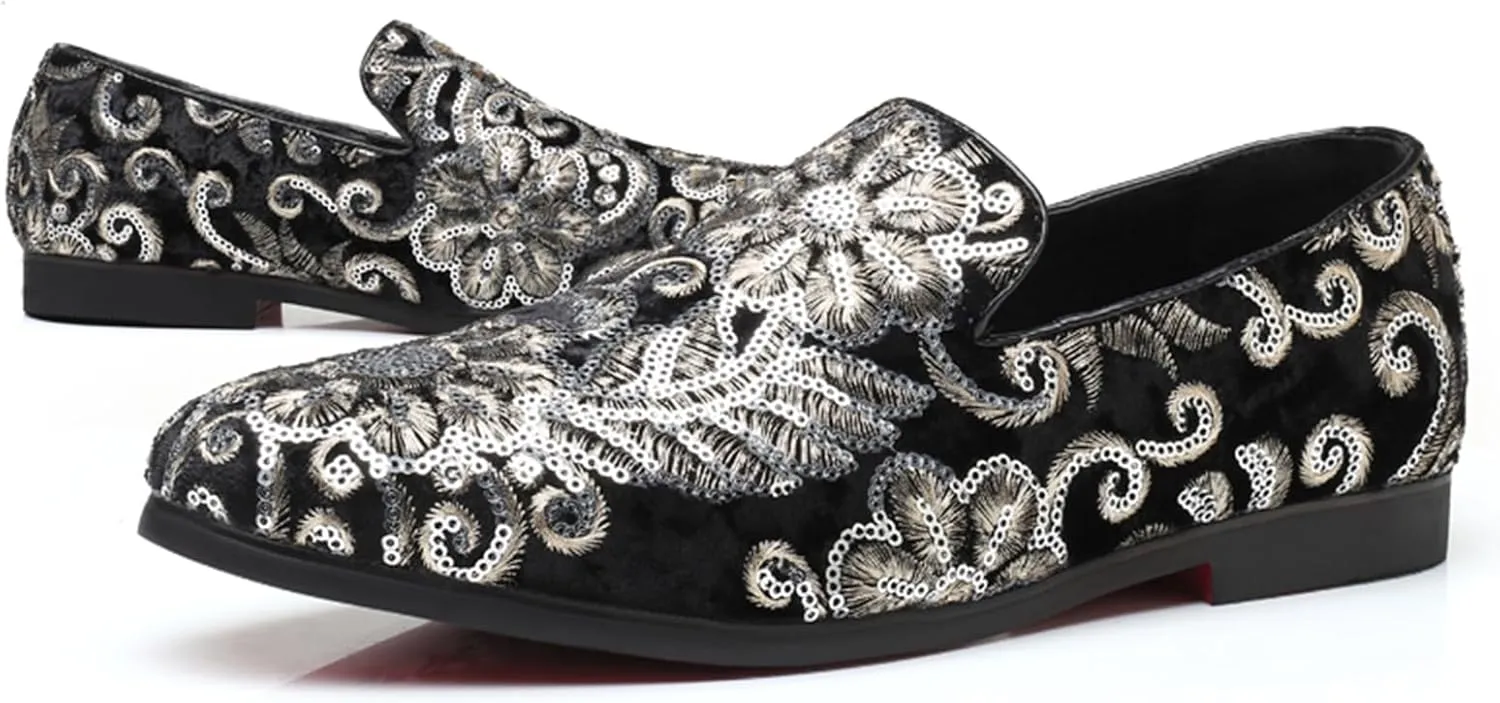 Men's Glitter Oxford Shoes Fashion Sequins Embroidered Slip-On Prom Loafers Shoes Wedding Business Party Dress Shoes