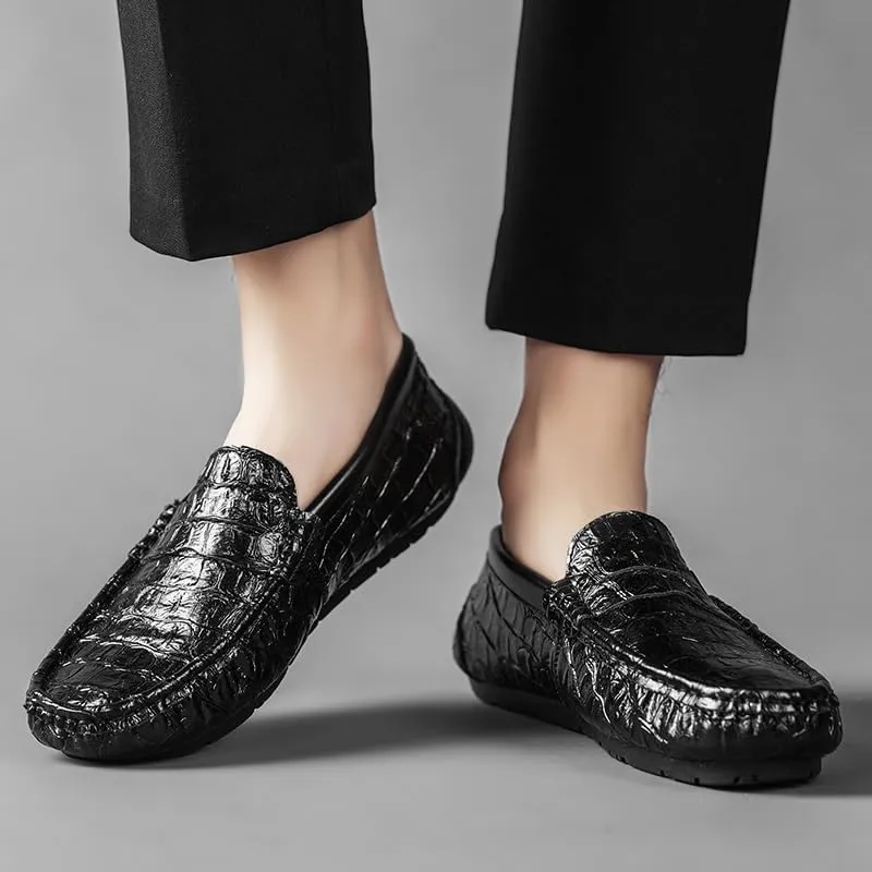 Mens Loafers Round Toe Crocodile Print Faux Leather Penny Driving Loafers Anti-Slip Flexible Lightweight Outdoor Slip On