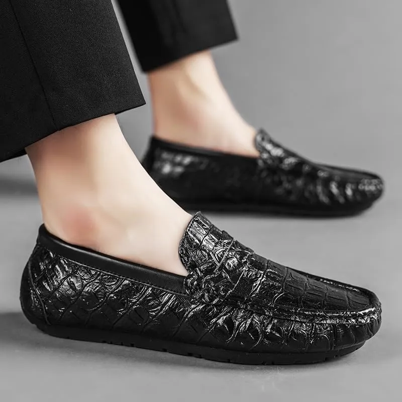 Mens Loafers Round Toe Crocodile Print Faux Leather Penny Driving Loafers Anti-Slip Flexible Lightweight Outdoor Slip On