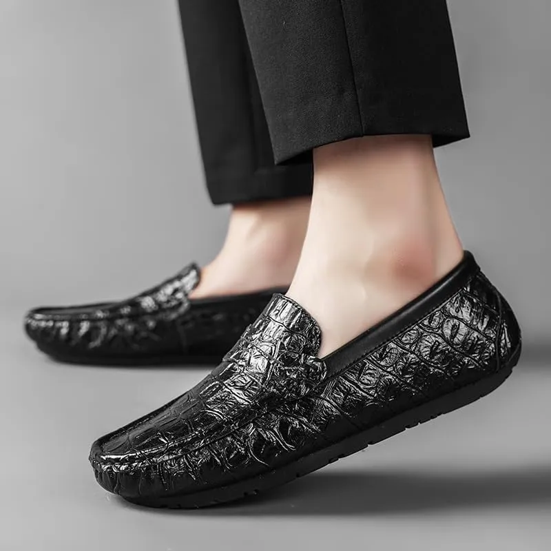 Mens Loafers Round Toe Crocodile Print Faux Leather Penny Driving Loafers Anti-Slip Flexible Lightweight Outdoor Slip On