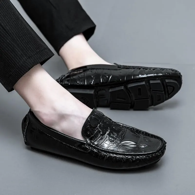 Mens Loafers Shoe Round Toe Crocodile Print Faux Leather Driving Loafers Anti-Slip Lightweight Flexible Prom Casual Slip-on