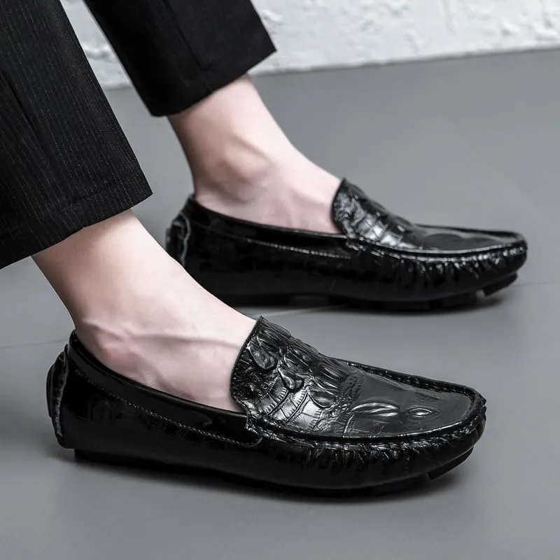 Mens Loafers Shoe Round Toe Crocodile Print Faux Leather Driving Loafers Anti-Slip Lightweight Flexible Prom Casual Slip-on