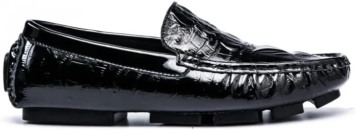 Mens Loafers Shoe Round Toe Crocodile Print Faux Leather Driving Loafers Anti-Slip Lightweight Flexible Prom Casual Slip-on