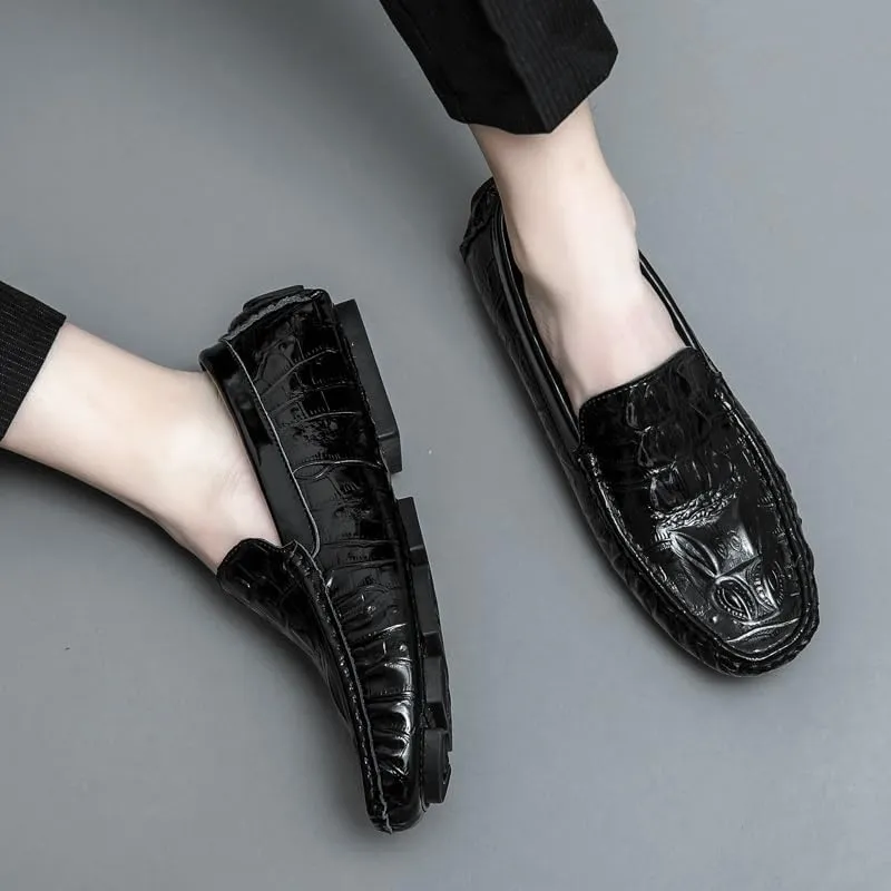 Mens Loafers Shoe Round Toe Crocodile Print Faux Leather Driving Loafers Anti-Slip Lightweight Flexible Prom Casual Slip-on