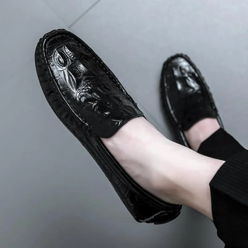 Mens Loafers Shoe Round Toe Crocodile Print Faux Leather Driving Loafers Anti-Slip Lightweight Flexible Prom Casual Slip-on