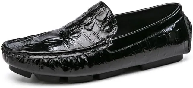 Mens Loafers Shoe Round Toe Crocodile Print Faux Leather Driving Loafers Anti-Slip Lightweight Flexible Prom Casual Slip-on