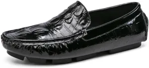 Mens Loafers Shoe Round Toe Crocodile Print Faux Leather Driving Loafers Anti-Slip Lightweight Flexible Prom Casual Slip-on