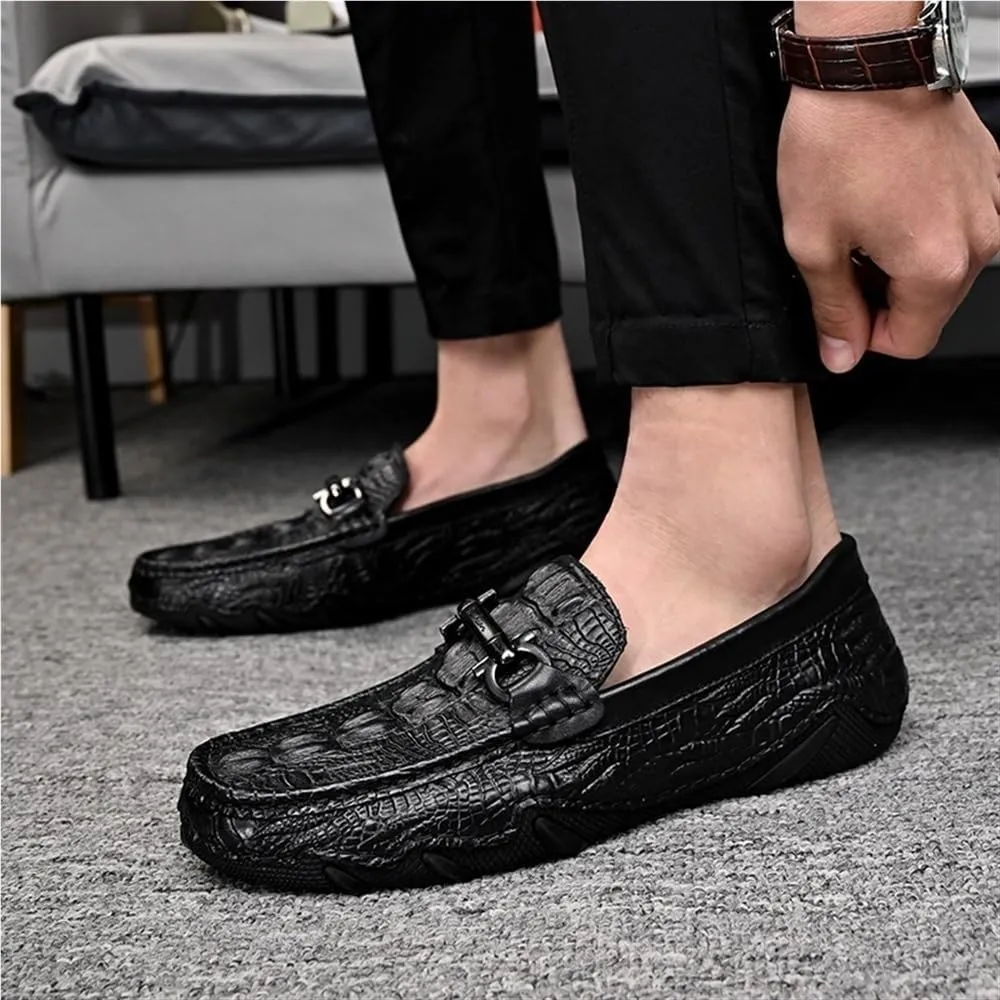 Men's Loafers Shoes Moccasins Faux Crocodile Print Round Toe Leather Flat Heel Resistant Flexible Outdoor Party Slip On