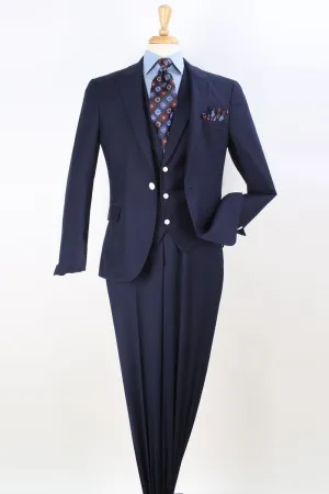 Mens Modern Fit One Button Peak Lapel Vested Fashion Suit in Navy Blue