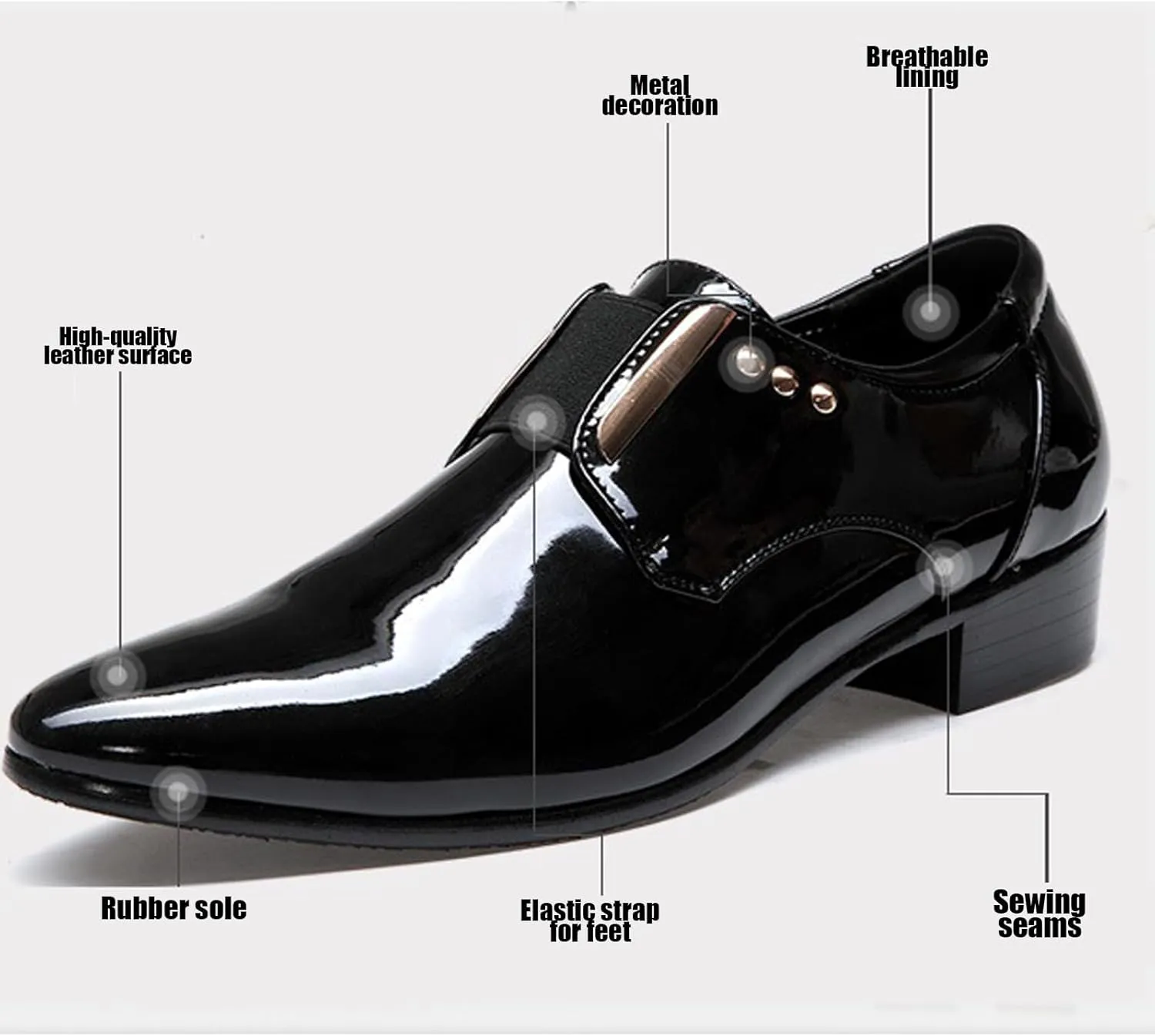 Men's Patent Leather Pointed Toe Dress Loafers, Elastic Band Low Heel Classic Luxury Tuxedo Shoes Business Formal Wedding Party Leather Shoes