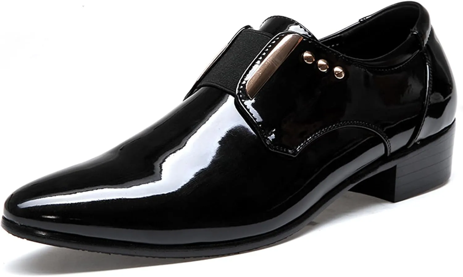 Men's Patent Leather Pointed Toe Dress Loafers, Elastic Band Low Heel Classic Luxury Tuxedo Shoes Business Formal Wedding Party Leather Shoes